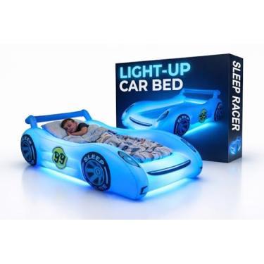 Imagem de Air Candy Cama infantil inflável Sleep Racer Dream Car com luz noturna LED que brilha – Colchão de ar de carro de corrida azul para festas do pijama, cochilos e viagens, idades de 3 a 12 anos