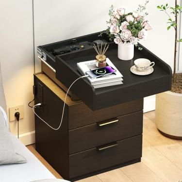 Imagem de Suuiwau Mesa de cabeceira preta com estação de carregamento e gaveta oculta com trava, luzes LED controladas por aplicativo e topo deslizante, mesa de canto de quarto com armazenamento de arma