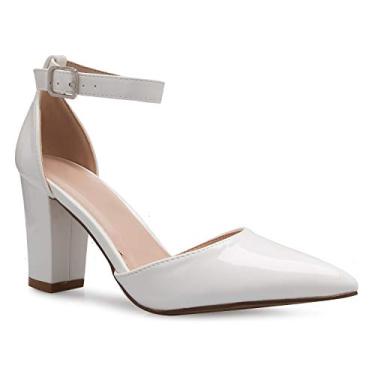 Imagem de Olivia K Sapato feminino sexy D'Orsay com tira no tornozelo e bico fino - clássico, confortável, Patente branca, 35