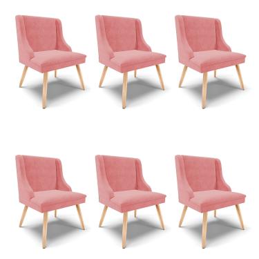 Imagem de Kit 06 Cadeiras de Jantar Liz Suede Rosê Pés Palito Natural D03 - D'Rossi