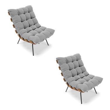 Imagem de Kit 02 Poltronas Costela Suede Cinza Base Metálica Preto - D'Rossi