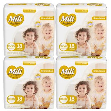 Imagem de Fralda Descartável Mili Love & Care 4 Pacotes c/ 18 (total: 72 fraldas)  Tam: XXXG - Grandinho
