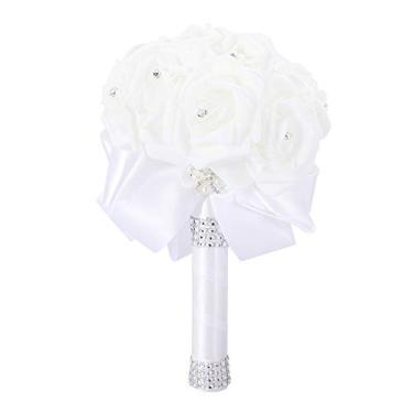 Imagem de Buquê de noiva artificial flores romântico fita de strass decorado buquê de casamento para noivas festa de casamento igreja decoração de casa rosa azul vermelho roxo branco leite (Branca)