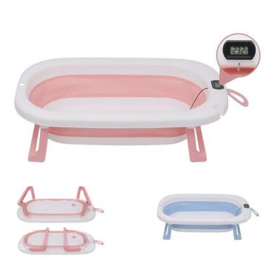 Imagem de Banheira Bebê Dobrável Retrátil Termômetro Digital Portátil Cor:Azul -