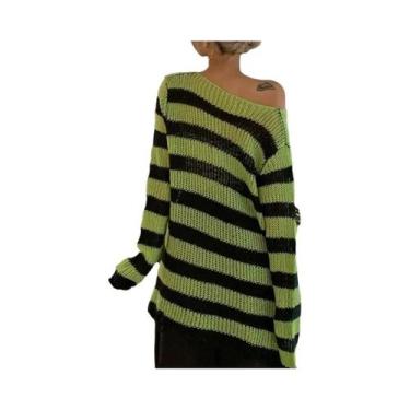 Imagem de Suéter Feminino Y2K Gótico Com Furos E Listras, Tricô De Manga Longa R