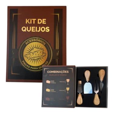 Imagem de Kit para Queijo Mesa Posta 4 Peças para Servir em Aço Inox e Madeira com Facas Garfo e...