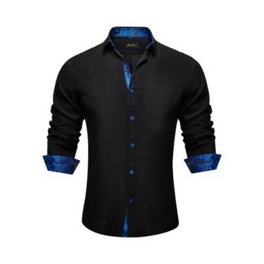 Imagem de Camisa Masculina Preta De Manga Longa Em Poliéster E Algodão Com Estam