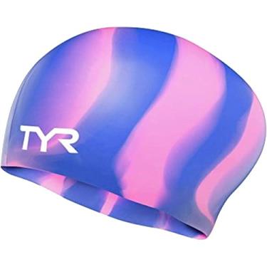 Imagem de TYR Touca de natação masculina de silicone de cabelo longo, roxo/rosa