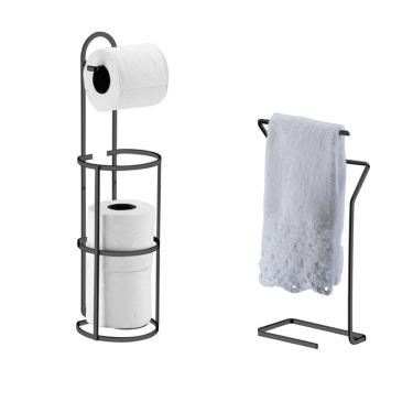 Imagem de Kit Porta Papel Higiênico De Chão + Toalheiro Bancada - 1609OX Onix Preto Future