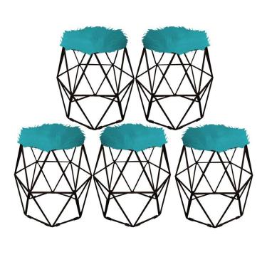 Imagem de Kit 05 Puff Banqueta Luna Aramado Hexágono Preto Pelúcia Azul Turquesa