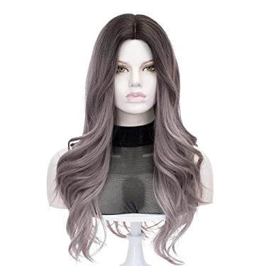 Imagem de Peruca Loira Platina | Coraline Longa Ondulada Bonde Peluca Peruca Realista Curly Sintética Branca Loira Diária (Roxo com raiz escura)