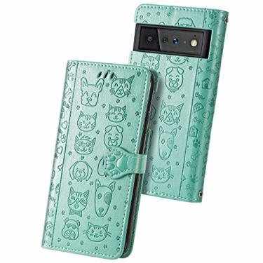 Imagem de Para o Google Pixel 6 Cat and Dog em relevo, capa de couro Flip Phone com titular e cartolina e carteira e cordão