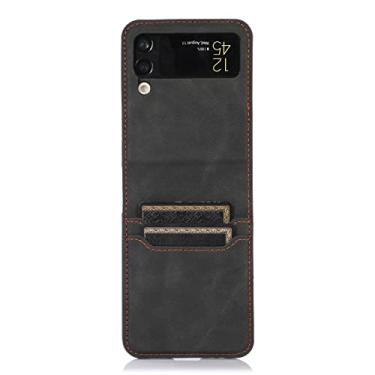 Imagem de MEOORHE Capa de telefone com suporte de cartão de couro de cor sólida para Samsung Galaxy Z Flip 3/Z Flip 4 5G Shell, resistente ao desgaste e durável capa bumper (preto, Z Flip 4)