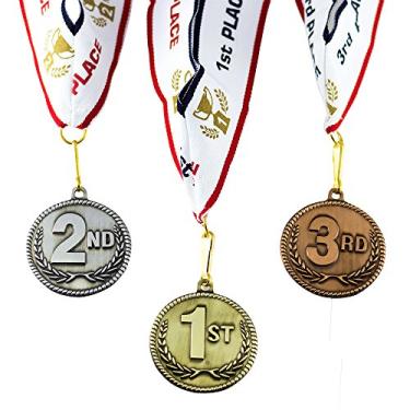 Imagem de All Quality Medalhas de prêmio de alto relevo em 1º segundo lugar - conjunto de 3 peças (ouro, prata, bronze) inclui fita de pescoço personalizada