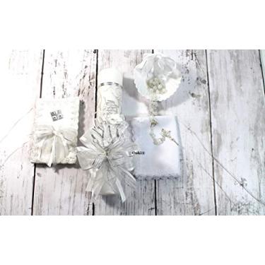 Imagem de Elegante conjunto de velas de batismo para bebês com 5 peças, lembrancinhas para meninas e meninos, conjunto de Bautizo espanol Nina Nino Bagas de renda para comunhão (branca)