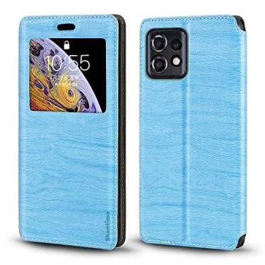 Imagem de Capa para Motorola Moto X40 5G, capa de couro de grão de madeira com porta-cartão e janela, capa flip magnética para Motorola Moto X40 5G (6,7 polegadas), azul celeste