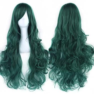 Imagem de IMISSU Peruca cosplay de cabelo natural cacheado longo com franjas coloridas fantasia de Halloween perucas de festa (Verde escuro)