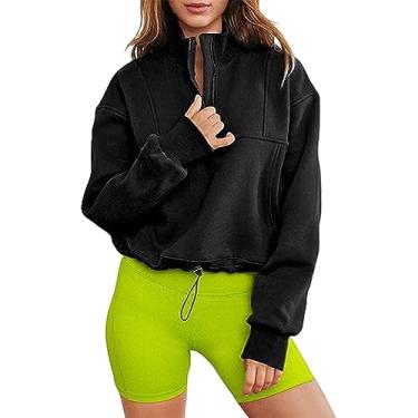 Imagem de Pulôver Com Meio Zíper e Cordão, Ombro Caído, Cor Lisa, Pulôver Com Cordão, Casual, Bolso Grande, Elegante para Mulheres, para Casa (XXL)