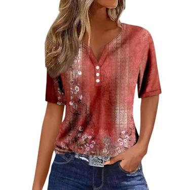 Imagem de Blusas femininas de verão 2024 túnica com botões Y2K, manga curta, estampa floral, gola V, roupas fofas, Ofertas relâmpago vermelho, G