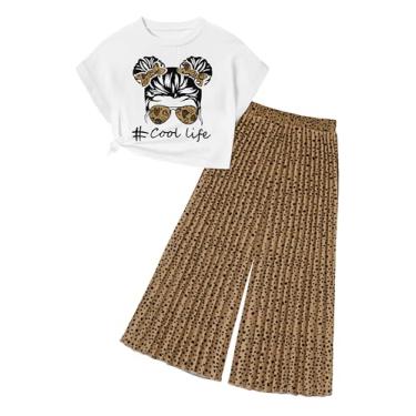 Imagem de ADIFUN Roupas para meninas, blusa cropped plissada, perna larga, 2 peças, camiseta para primavera e verão, Leopardo, 7-8 Anos