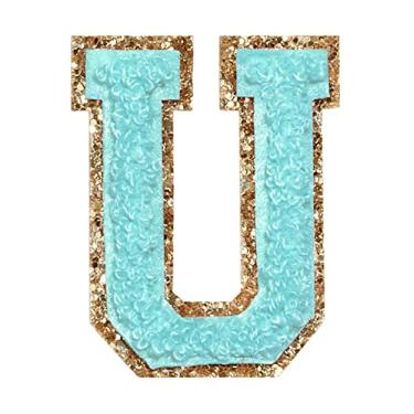 Imagem de 3 Pçs Chenille Letter Patches Ferro em Patches Glitter Varsity Letter Patches Bordado Borda Dourada Costurar em Patches para Vestuário Chapéu Camisa Bolsa (Azul, U)