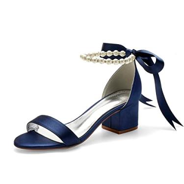 Imagem de Sandálias femininas de salto baixo com tira grossa no tornozelo pérola sapatos de casamento salto baixo sandálias escarpim confortáveis, Azul marinho, 10