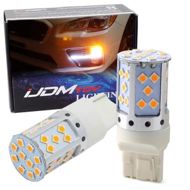 Imagem de iJDMTOY (2) Sem resistor, sem hiperflash 21W de alta potência âmbar 7440 W21W T20 lâmpadas de LED compatíveis com luzes de sinalização dianteira ou traseira do carro