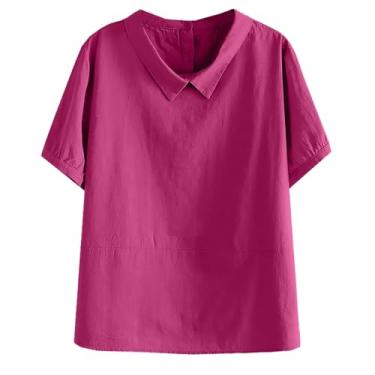 Imagem de Camisas de linho para mulheres, algodão, verão, manga curta, caimento solto, colarinho, blusa de trabalho casual, Rosa choque, P