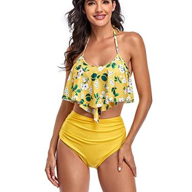 Imagem de Maiô feminino cintura alta com babados conjunto de biquíni halter feminino traje de natação praia banho (amarelo S)