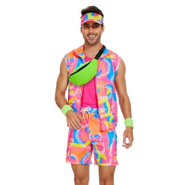 Imagem de 5 peças Ken 80s traje de treino Halloween cosplay roupas de casais roupa de banho traje de banho regata colete shorts de praia viseira de sol pulseiras 80 e 90 roupa de treino roupa de festa para homens adultos (rosa, 2GG)