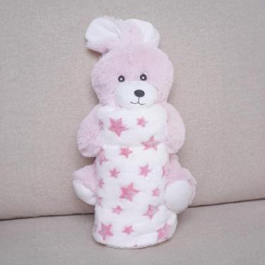 Imagem de BICHINHO DE PELUCIA 18cm COM MANTA 75cm x 75cm. Coelho Rosa.
