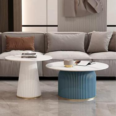 Imagem de Conjunto de 2 mesas de centro redondas com padrão de mármore, mesa lateral moderna e simples para sala de estar, quarto, varanda, quintal, branco + azul