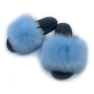 Imagem de Pantufas femininas de pele sintética AuapTavw, sandálias felpudas e fofas, bico aberto, chinelo de chinelo para ambientes internos e externos, Light Blue, 8