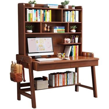 Imagem de Secretária em madeira maciça com estante integrada, ideal para home office ou quarto, Cor Nogueira, 100x60x186cm
