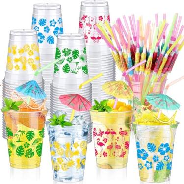Imagem de RimCereal Copos Luau descartáveis transparentes de 350 ml com canudos de guarda-chuva, decorações de festa temática havaiana, copos tropicais Luau Tiki copos de abacaxi para decoração de festa