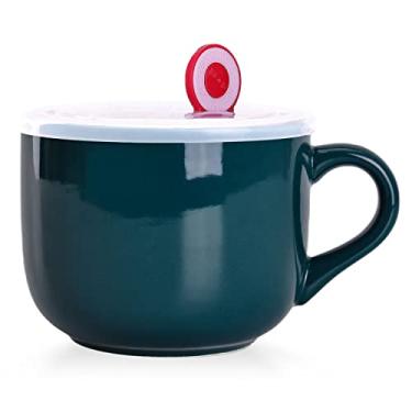 Imagem de WHJY Canecas de sopa de cerâmica simples com tampa, copos de sopa de 650 ml com alça, tigela de aveia para micro-ondas caneca de café com tampa e alça para leite, chá, frutas, sorvete de cereal café - verde escuro