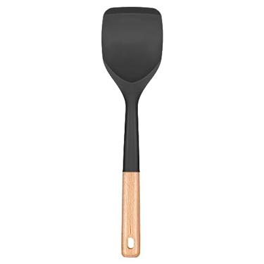 Imagem de Espátula de silicone antiaderente, borda flexível não arranhada para panelas, cabo de madeira confortável antiderrapante, espátulas de cozinha sem BPA resistentes ao calor para cozinhar, 33 cm, preta