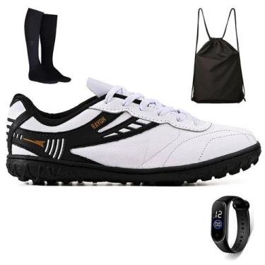 Imagem de Chuteira Futebol Society Couro Campo Grama Sintetica + Mochila + Meião