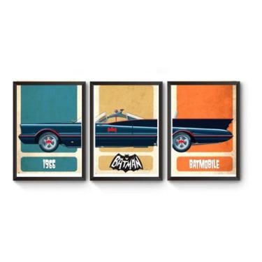 Imagem de Kit 3  Quadros A4 Batmóvel Retrô Poster Moldurado - Fanarte