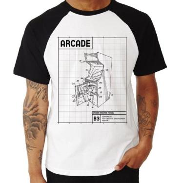 Imagem de Camiseta Raglan Arcade Fliperama Projeto - Foca na Moda, Branco, Preto