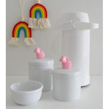 Imagem de kit Higiene Bebê Potes K022 Rosa Cotonete Algodão Limpeza Porcelana Mu