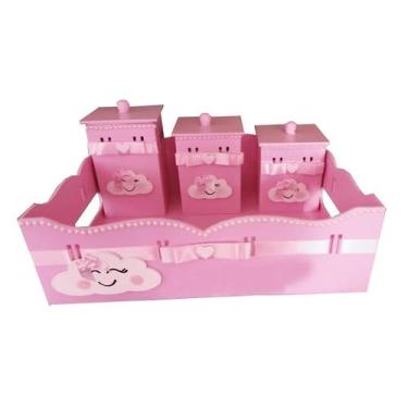 Imagem de Kit Higiene Bebê MDF 4 Peças Cesta Organizadora Nuvem Chuva de Amor Ro