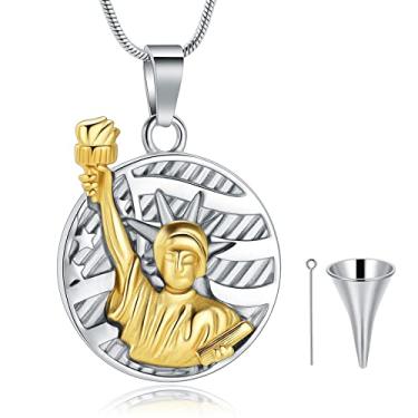 Imagem de AIWENXI Colar de urna com medalha de moeda Estátua da Liberdade, Estados Unidos da América, colar de cremação, presente monumental para mulheres e meninas, Aço inoxidável, Sem Pedra Preciosa