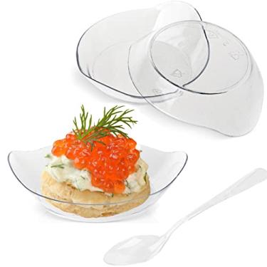 Imagem de INDRAH Pacote com 100 mini copos de sobremesa de 28 g com colheres de plástico transparente tigelas de sobremesa descartáveis para chocolate, sorvete, frutas e mais (forma de folha)