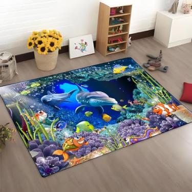 Imagem de Tapete antiderrapante com estampa de tartarugas golfinhos azuis, praia, oceano, azul-petróleo, tema marinho, tapete antiderrapante, quarto, sala de estar, sofá, berçário, decoração (mar-1, 100 cm x