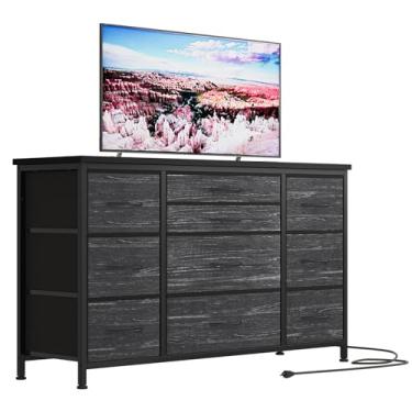 Imagem de Jojoka Cômoda larga com 10 gavetas grandes para suporte de TV de 140 cm de comprimento com centro de entretenimento de tomada, unidade de gaveta de tecido de armazenamento para quarto, sala de estar,