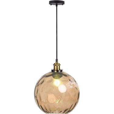 Imagem de Luz pendente esférica vintage industrial, abajur de bola de vidro colorido de 20 cm em ondulação de água, barra de loft retrô E27 lâmpada suspensa de teto com acabamento em bronze, âmbar