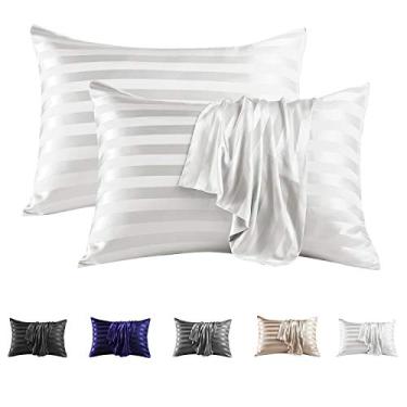 Imagem de MR&HM Fronha de cetim para cabelo e pele, fronha de cetim de seda, pacote com 2, fronhas tamanho Queen, conjunto de 2, capa de almofada de seda com fecho de envelope (50 x 76, listras marfim)