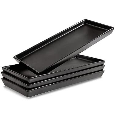 Imagem de Home Beets Travessas de cerâmica preta fosca (pratos retangulares de 35 x 15 cm) para entretenimento, comida, aperitivos, sobremesas, tábua de queijo, charcutaria, sushi - conjunto de 4 bandejas de