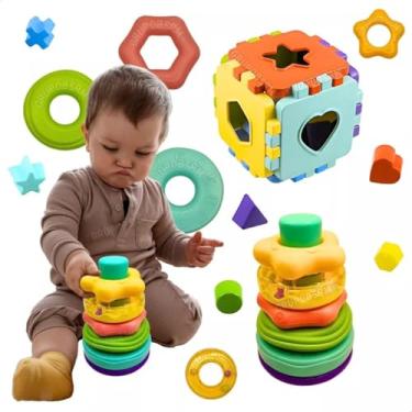 Imagem de Kit torre de montar encaixar Brinquedo educativo infantil Cubo monta desmonta presente menino menina dia das criança 5 anos jogos pedagógicos didático infantis formas geometricas creche escola